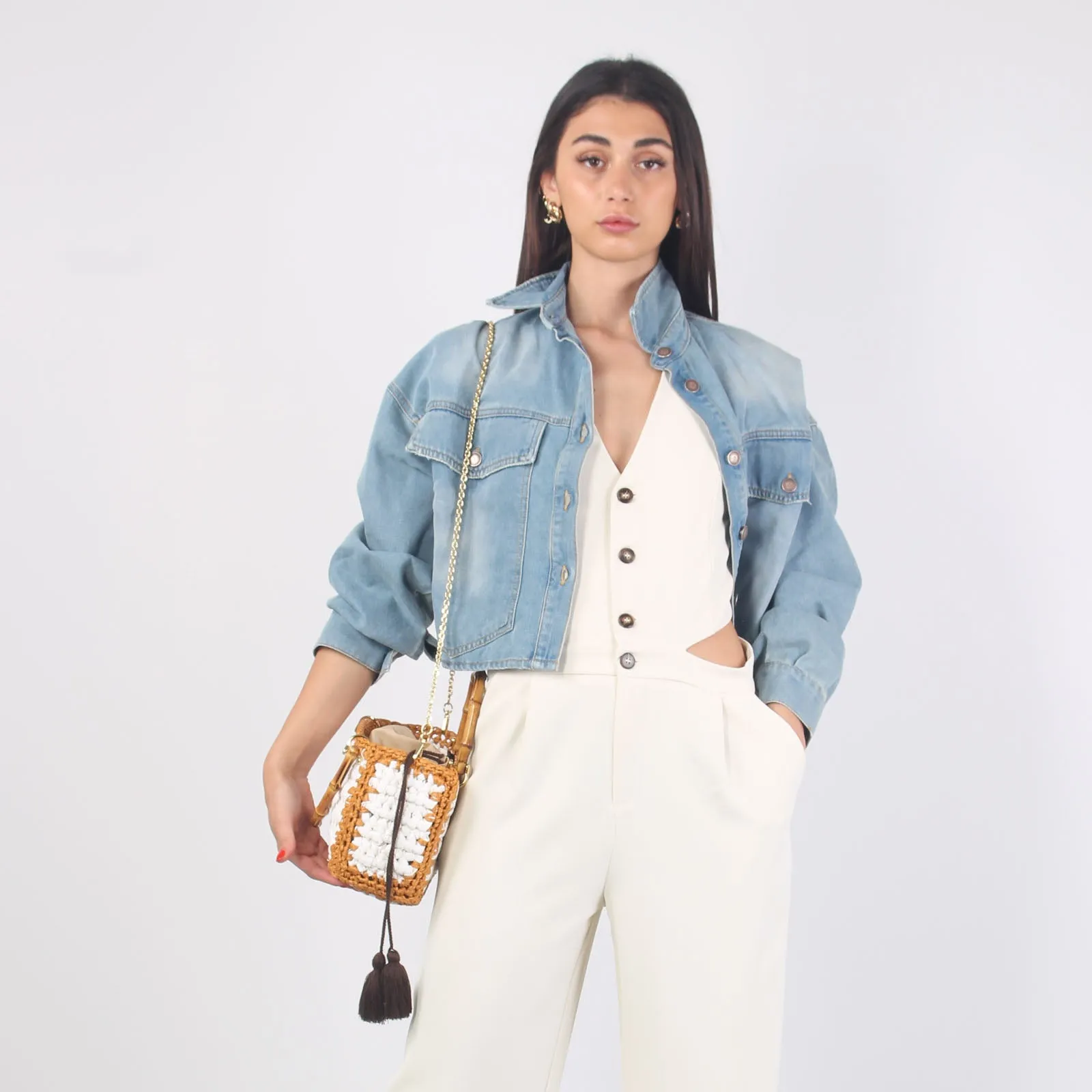 Giubotto Denim Maxi Tasche Denim Chiaro