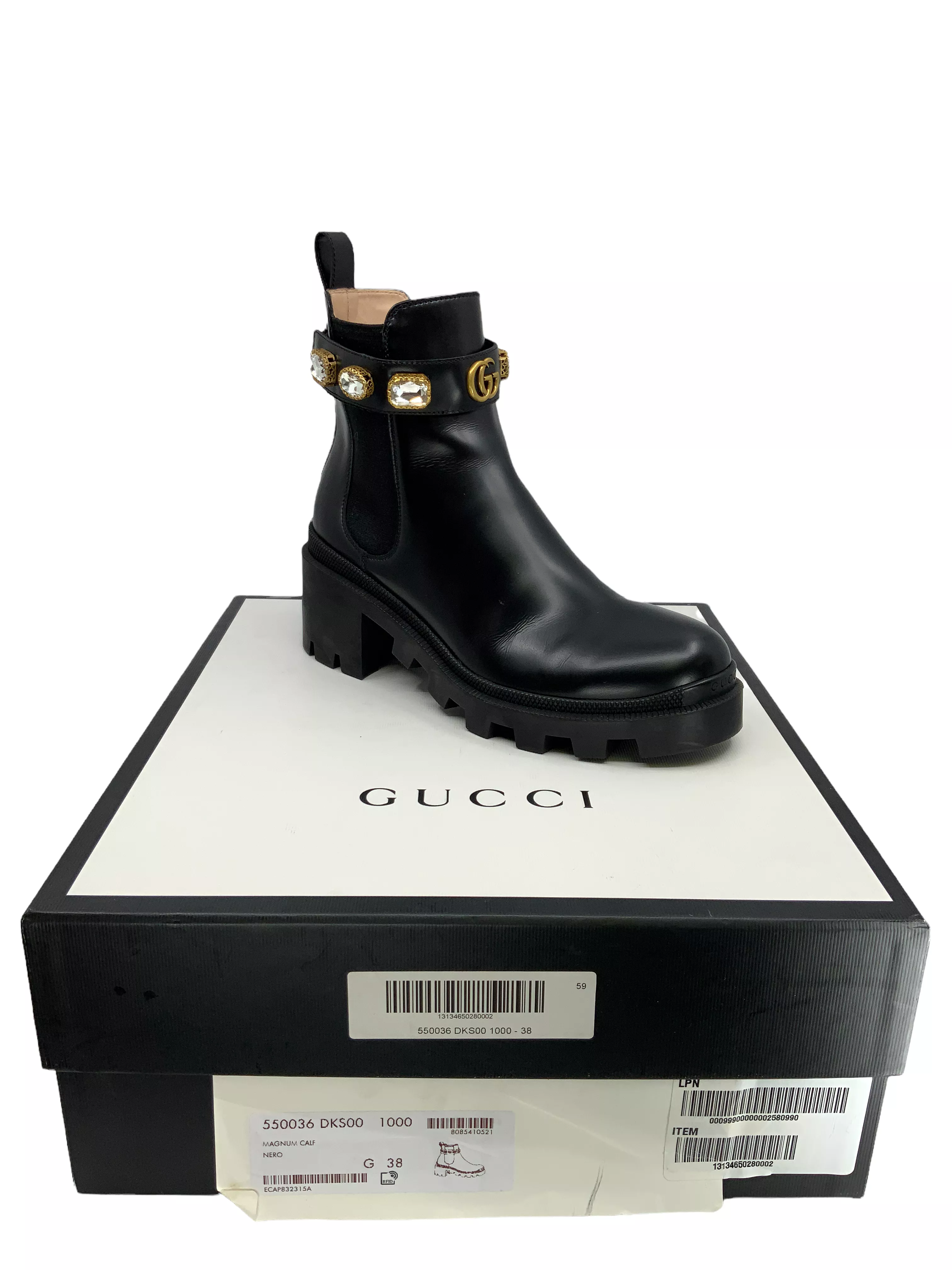 Gucci GG Logo Jewel Trip Strap Chelsea Boots Size 8