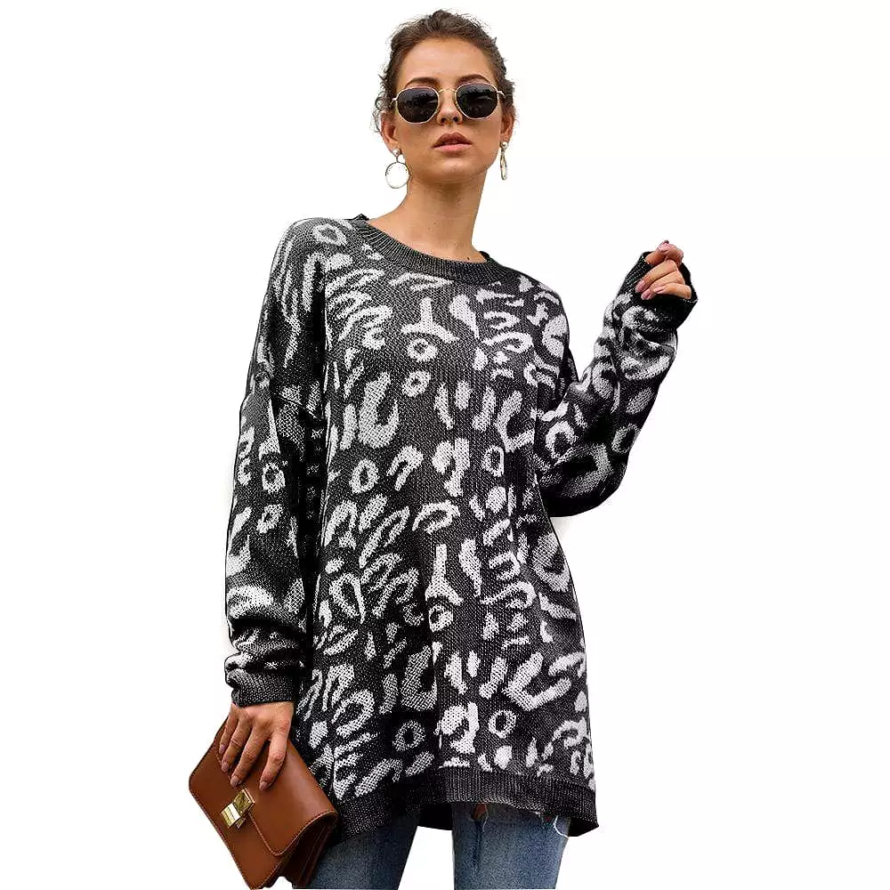 Haute Edition Leopard Print Tunic Length Crew Neck Pullover Thick Knit Sweater