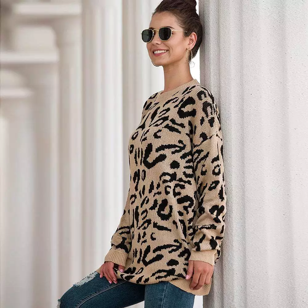 Haute Edition Leopard Print Tunic Length Crew Neck Pullover Thick Knit Sweater