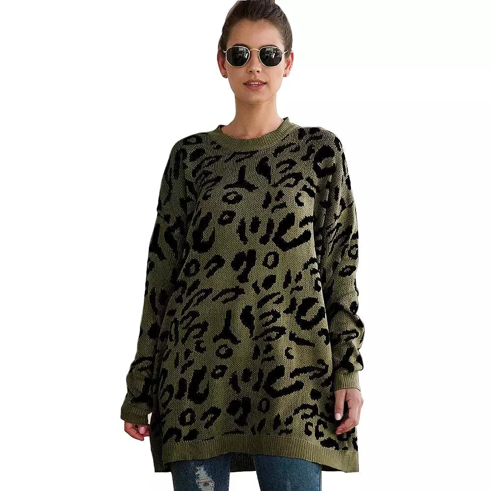 Haute Edition Leopard Print Tunic Length Crew Neck Pullover Thick Knit Sweater