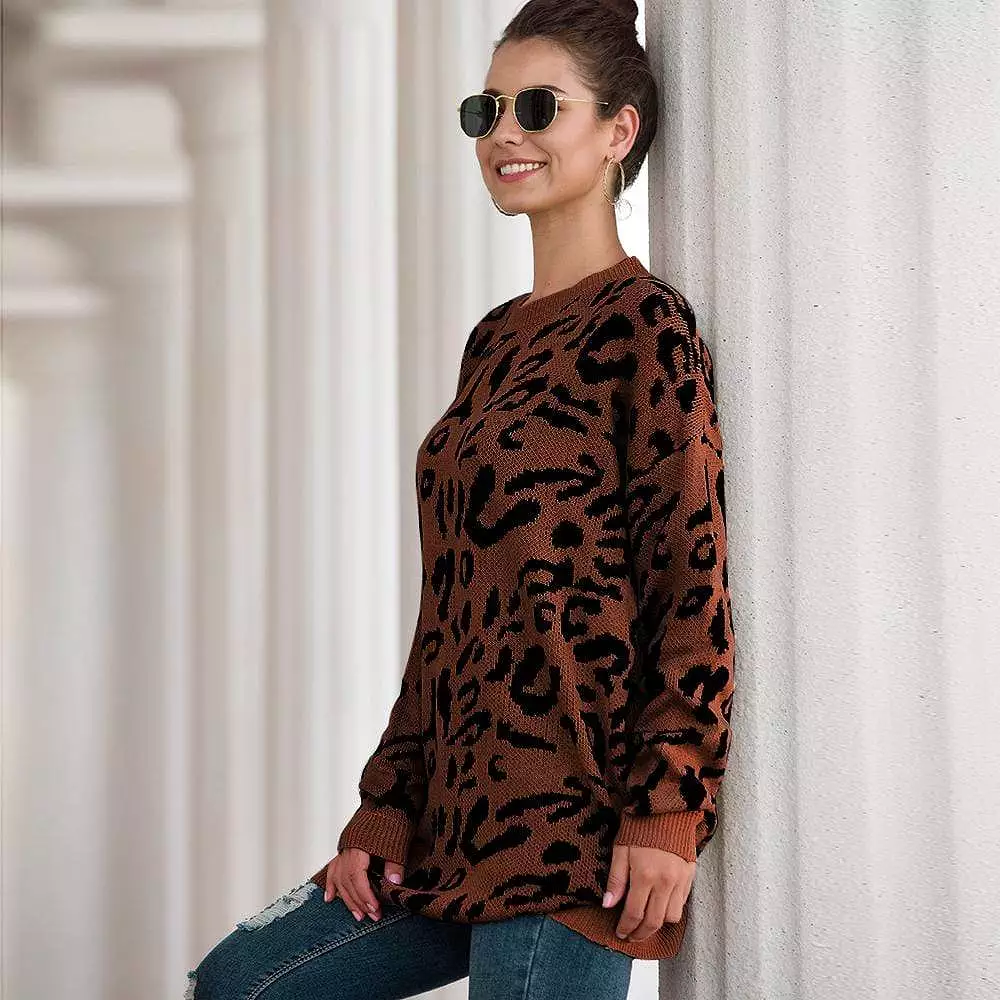 Haute Edition Leopard Print Tunic Length Crew Neck Pullover Thick Knit Sweater