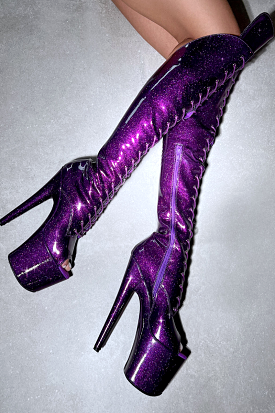 Hella Heels The Glitterati Open Toe Over The Knee 8inch Boots - Purple Rain