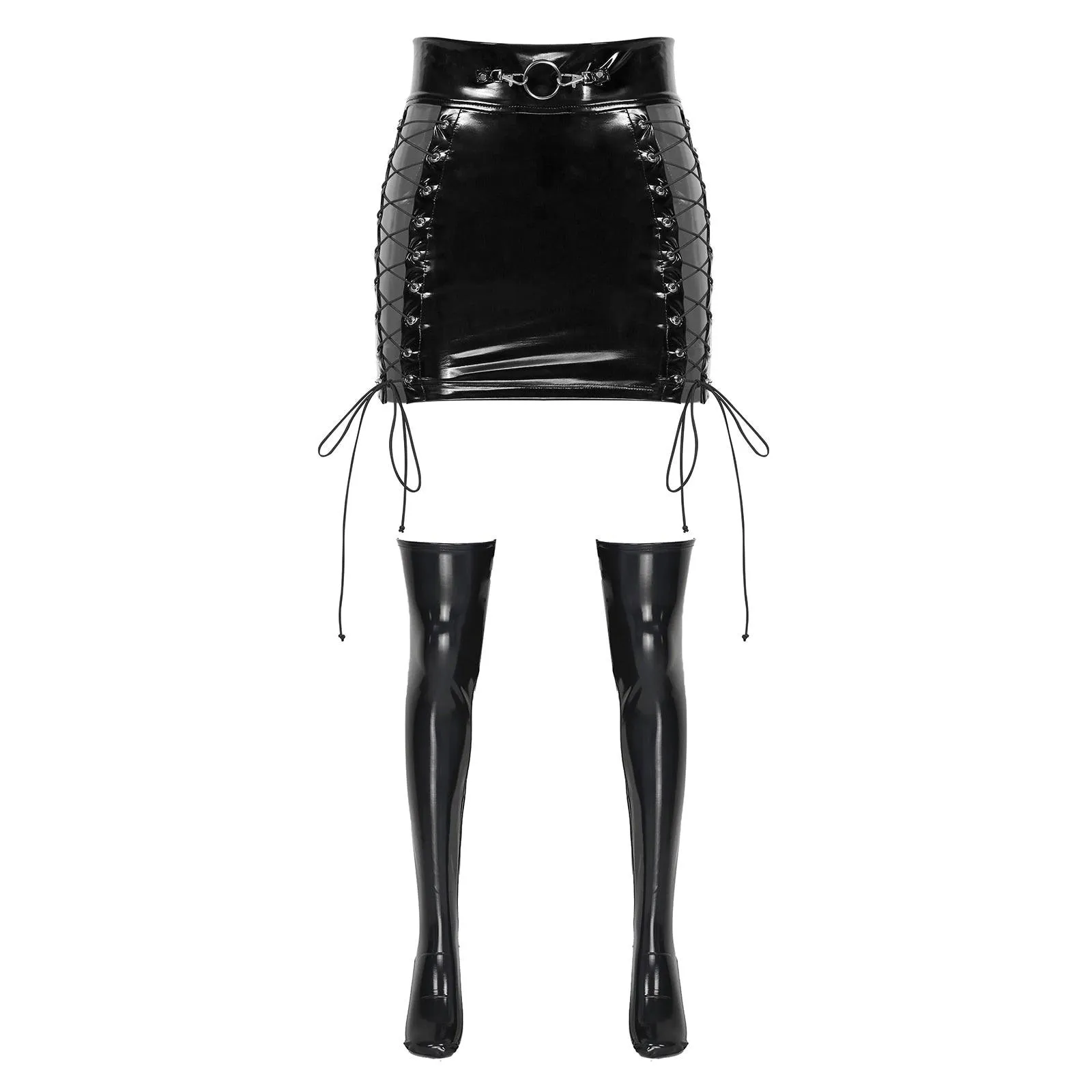 Hollow Out Lace-up Mini Skirt Gothic Clubwear Wet Look Patent Leather Skirt