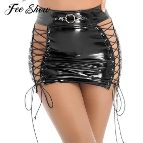 Hollow Out Lace-up Mini Skirt Gothic Clubwear Wet Look Patent Leather Skirt