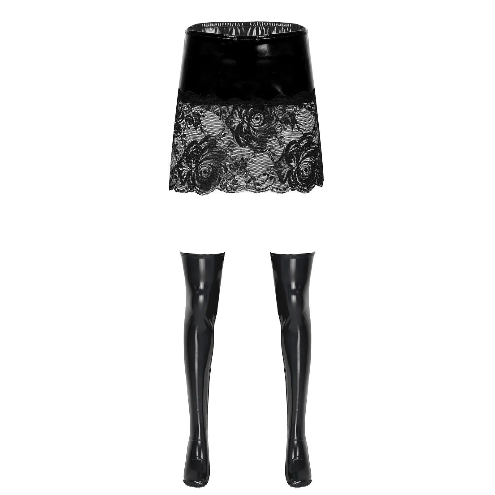 Hollow Out Lace-up Mini Skirt Gothic Clubwear Wet Look Patent Leather Skirt