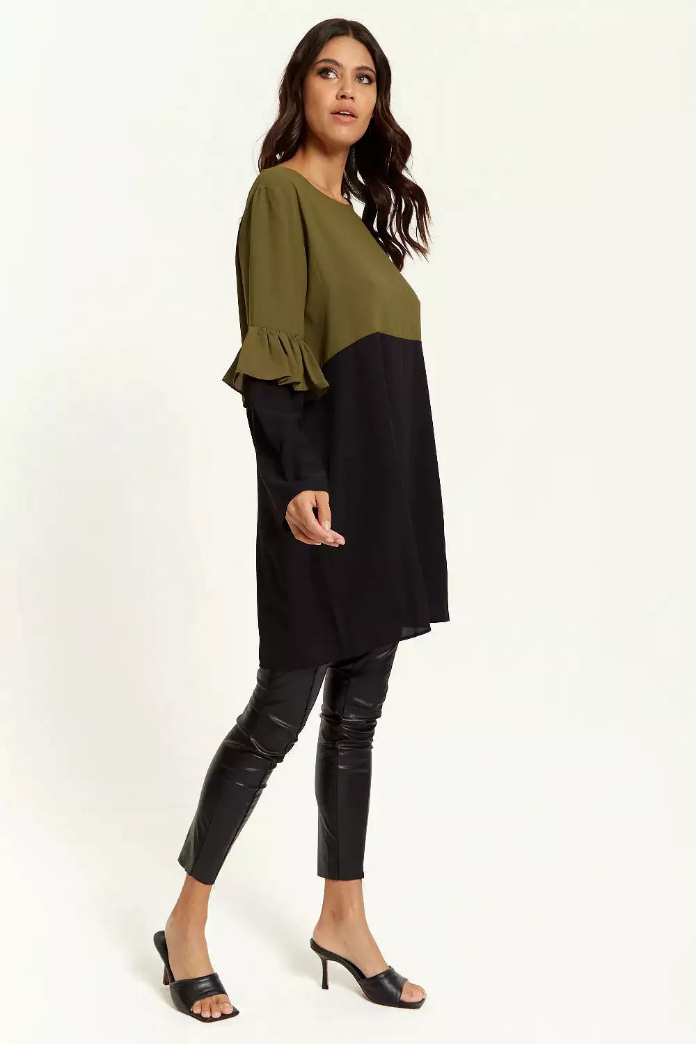 Hoxton Gal Colour Block Satin Tunic With Frill Detail Sleeve