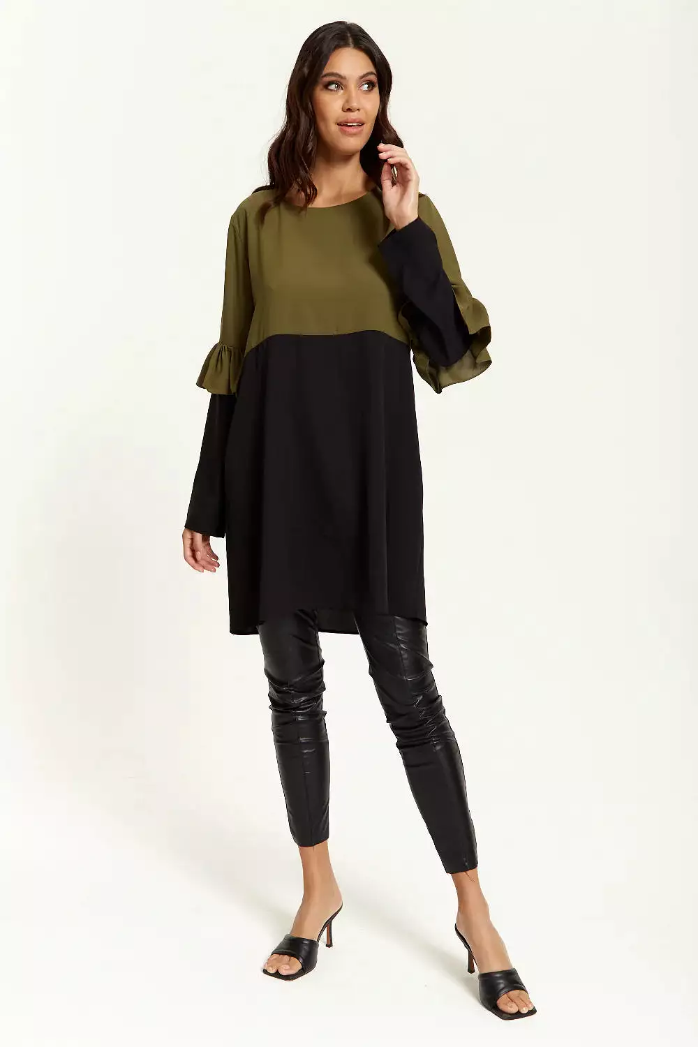 Hoxton Gal Colour Block Satin Tunic With Frill Detail Sleeve