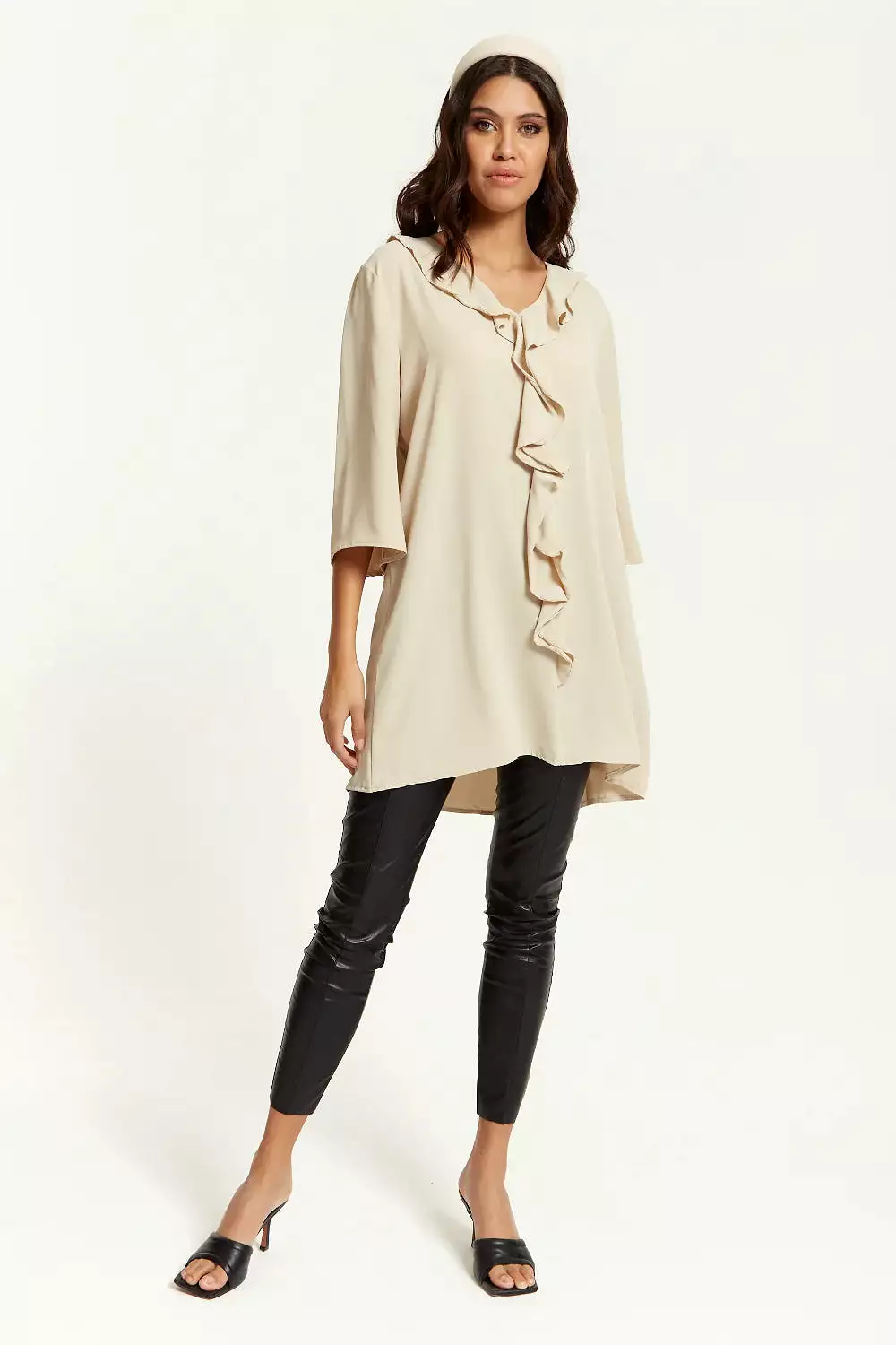 Hoxton Gal Relaxed Fit 3/4 Sleeve Frilled Front Detail Tunic