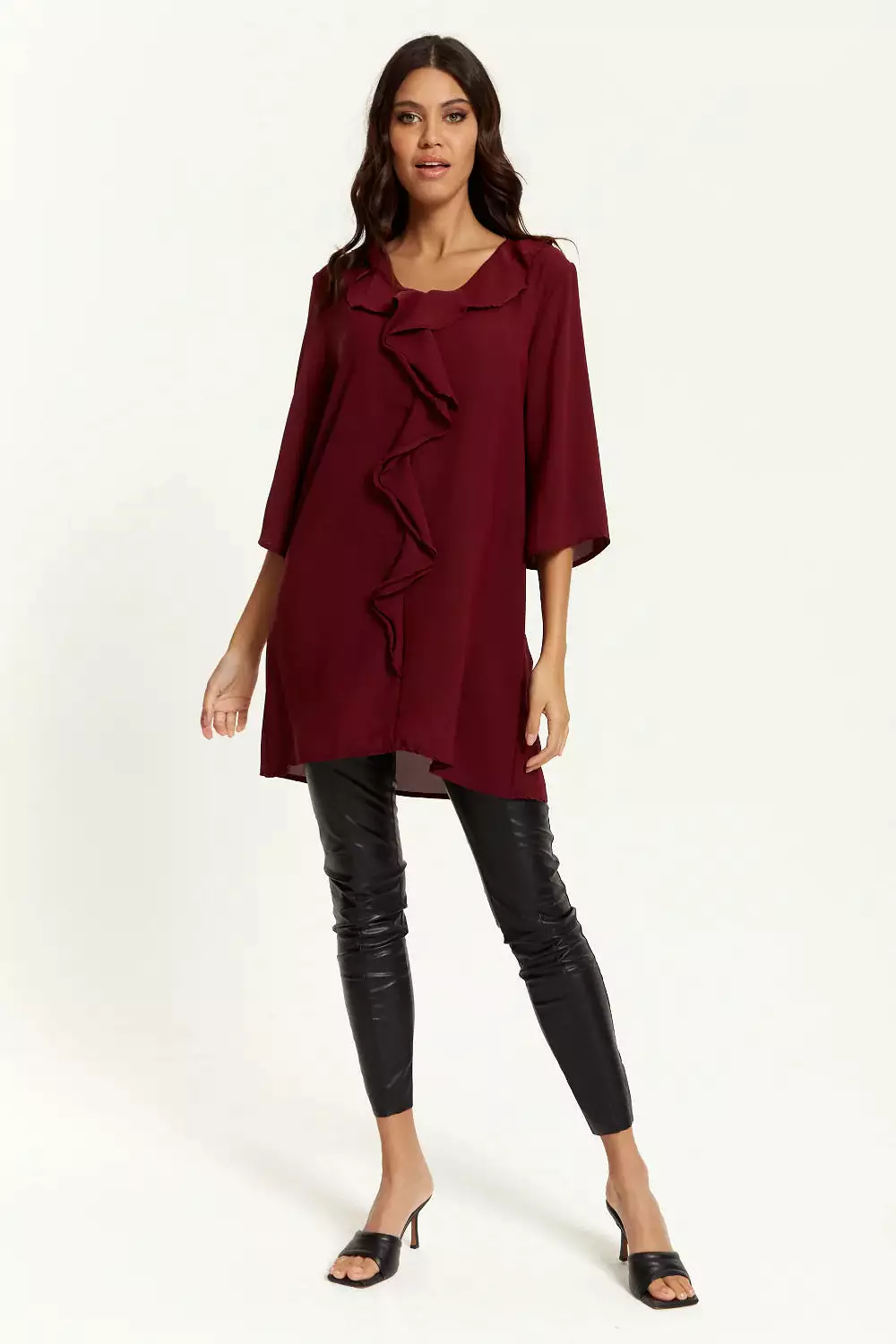 Hoxton Gal Relaxed Fit 3/4 Sleeve Frilled Front Detail Tunic