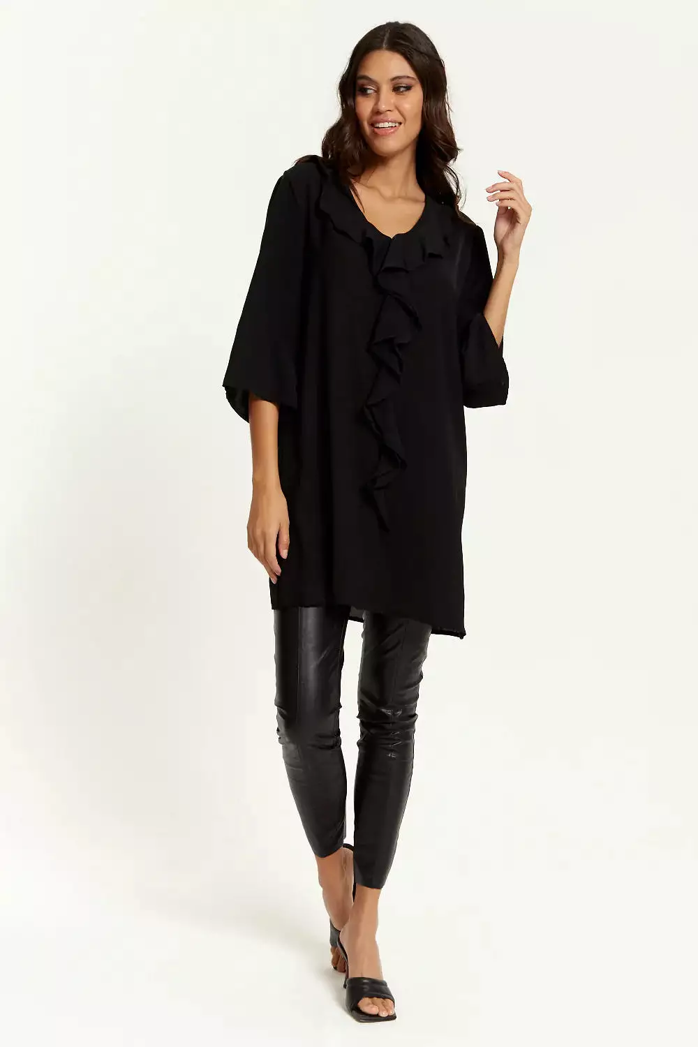 Hoxton Gal Relaxed Fit 3/4 Sleeve Frilled Front Detail Tunic