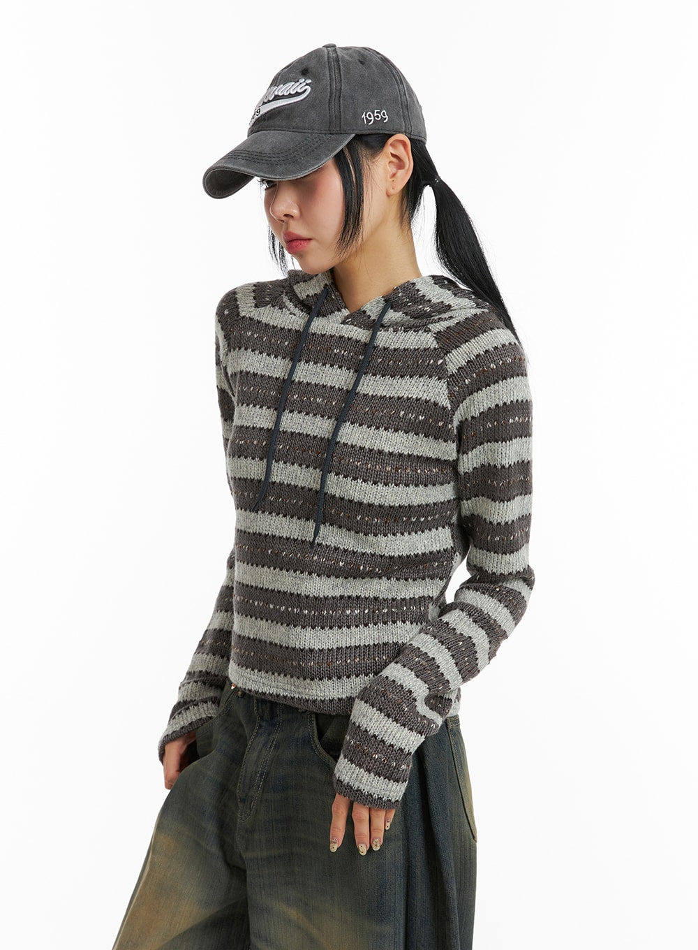 Knit Stripe Drawstring Long Sleeve Hoodie CJ411