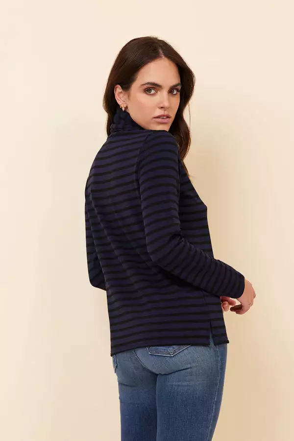 Majestic French Terry Stripe Semi Relaxed Turtleneck in Marine/Noir