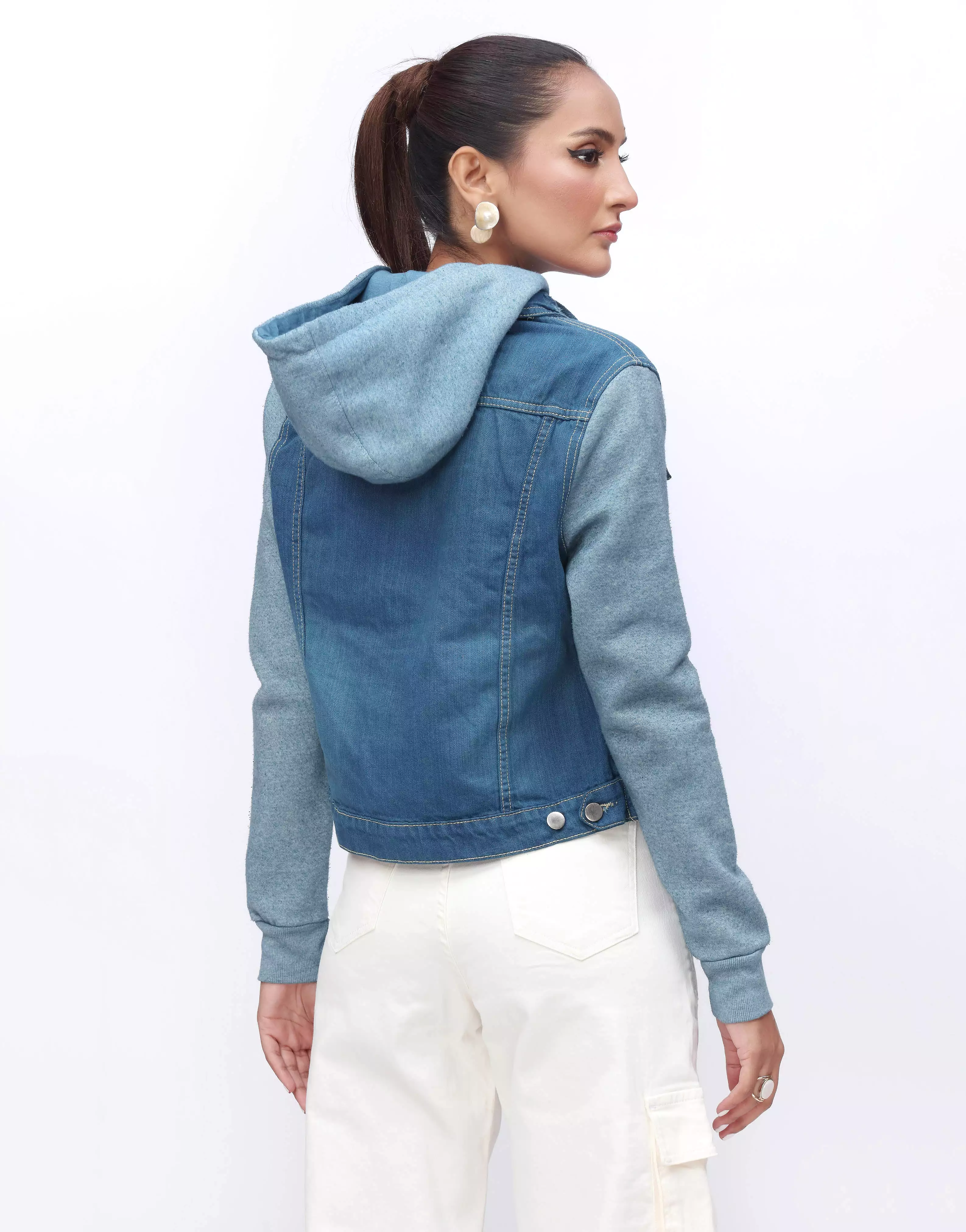 (Minor Fault) Hoodie Denim Jacket with Fleece Sleeves in Stone Wash