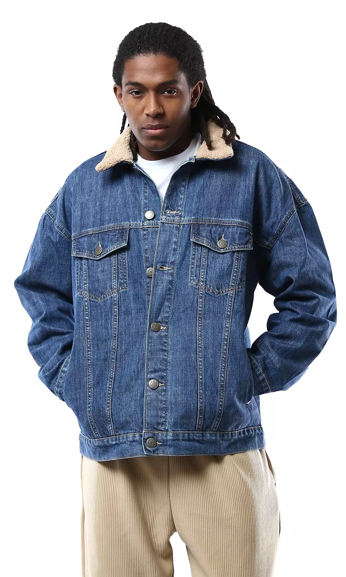 O174625 Buttons Down Solid Standard Blue Denim Jacket