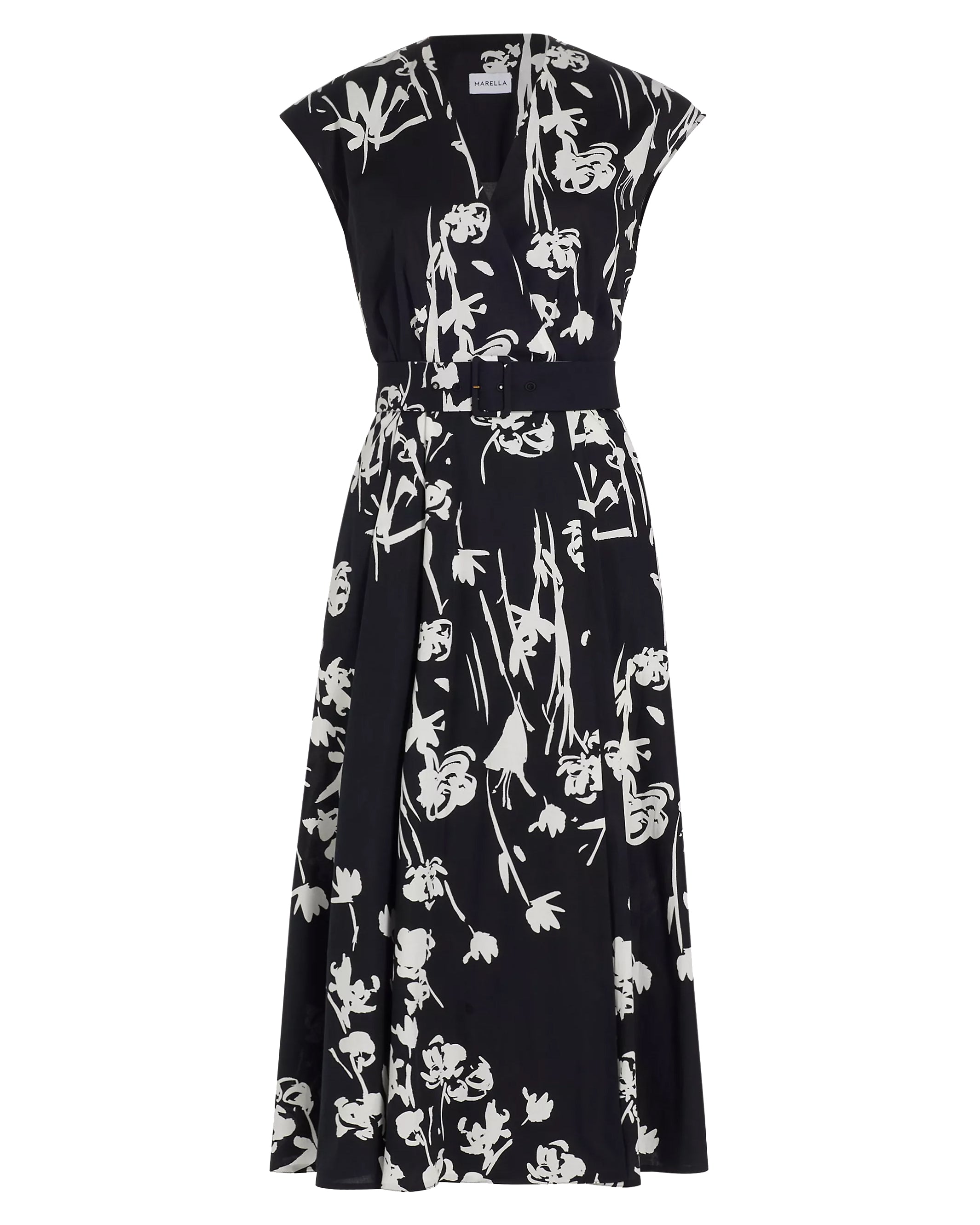 Poplin Printed Cap Sleeve Midi Dress (Black Floral)