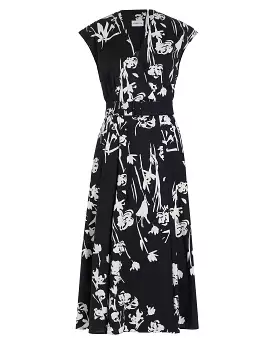 Poplin Printed Cap Sleeve Midi Dress (Black Floral)