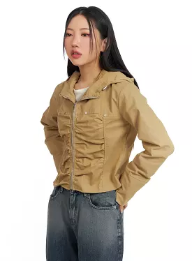 Shirring Hooded Zip-Up Bomber Jacket CF408