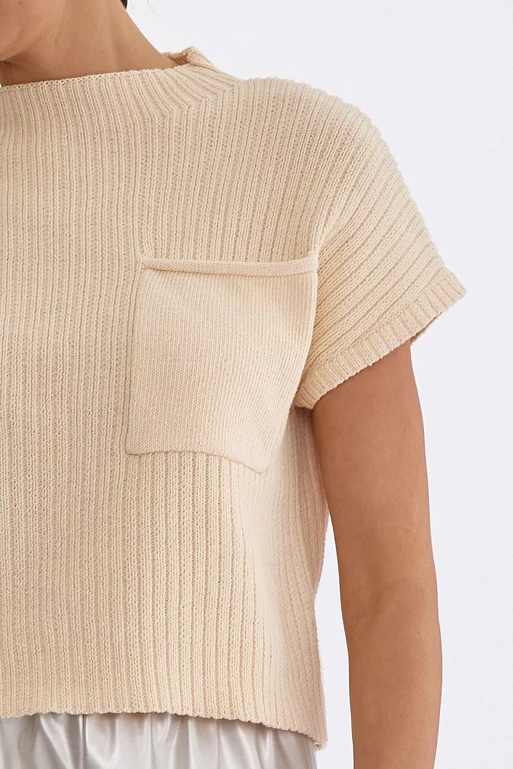 Solid Knitted Cropped Mock Neck Sweater