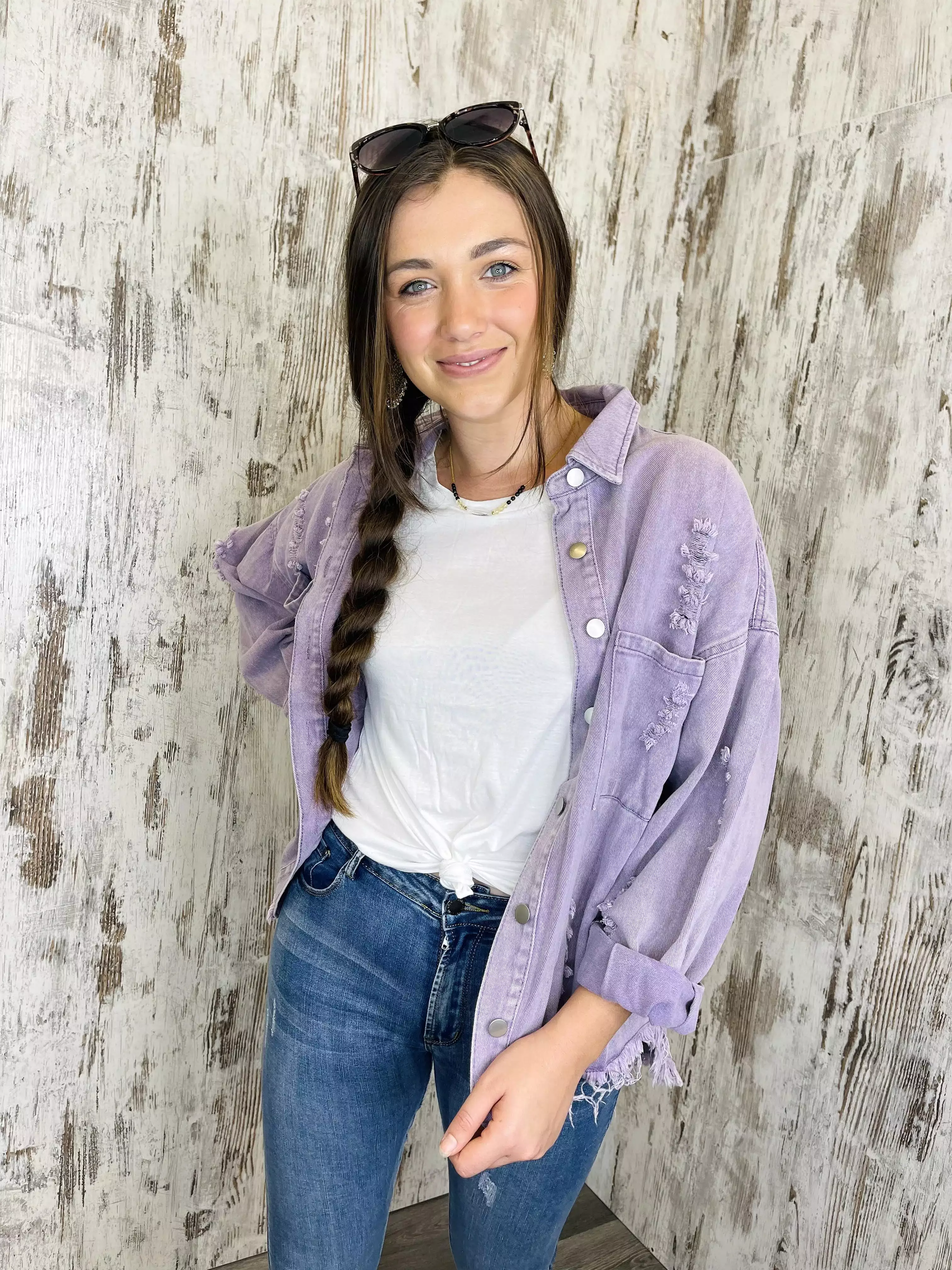 Spirit Distressed Denim Jacket - Lilac