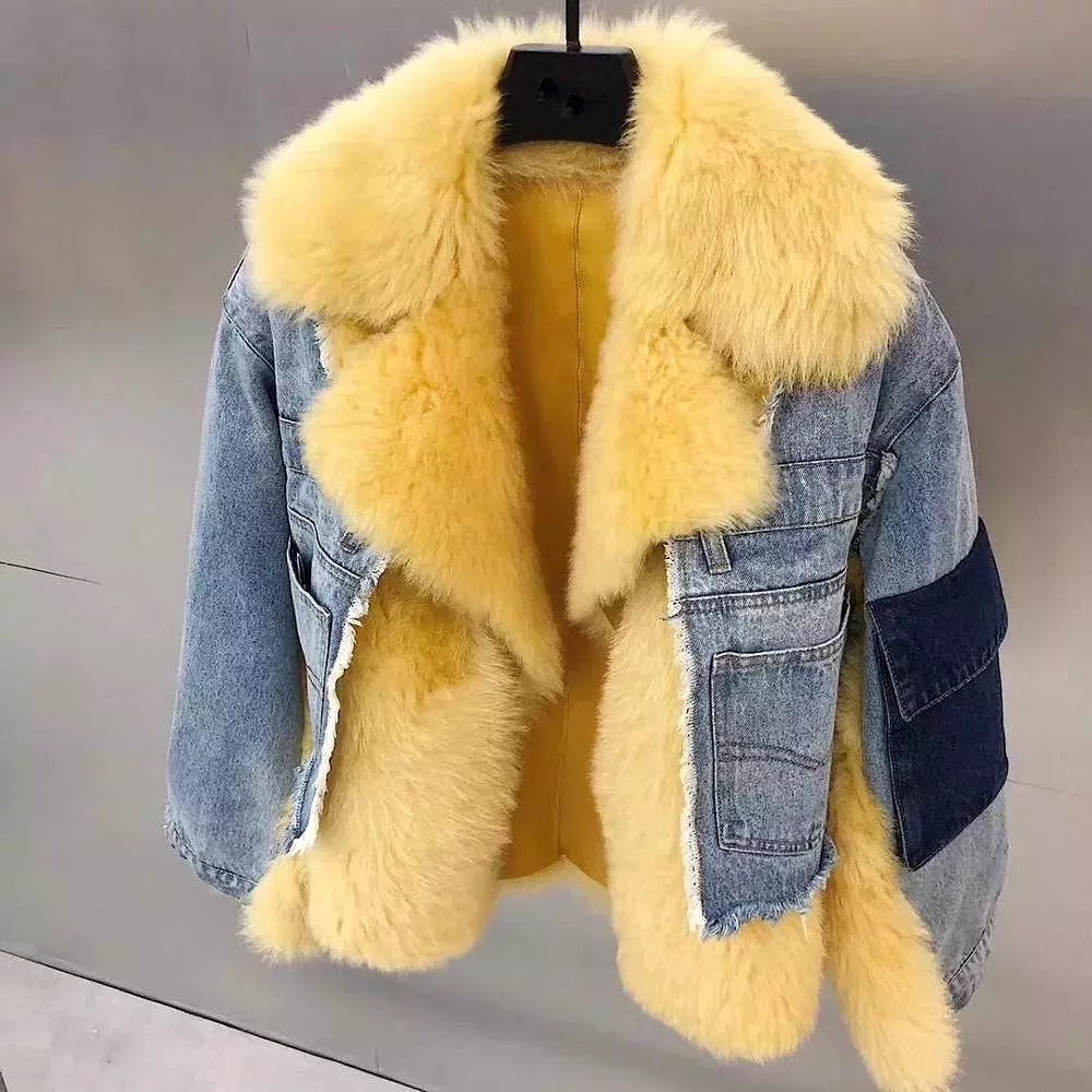 Sporty Denim Jacket With Sheepkin And Sheep Fur Trims