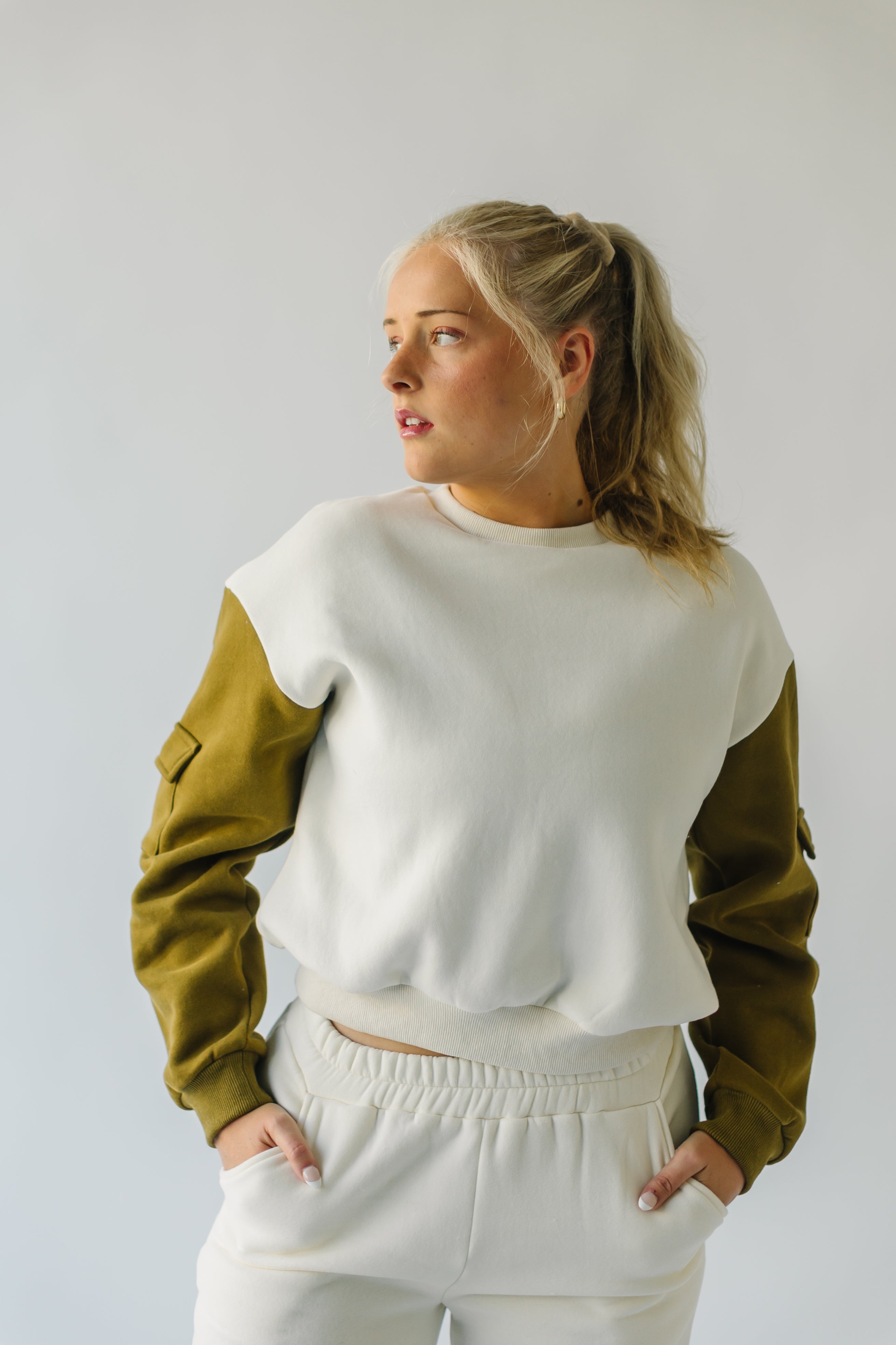 The Shannon Pocket Detail Pullover in Ivory + Olive