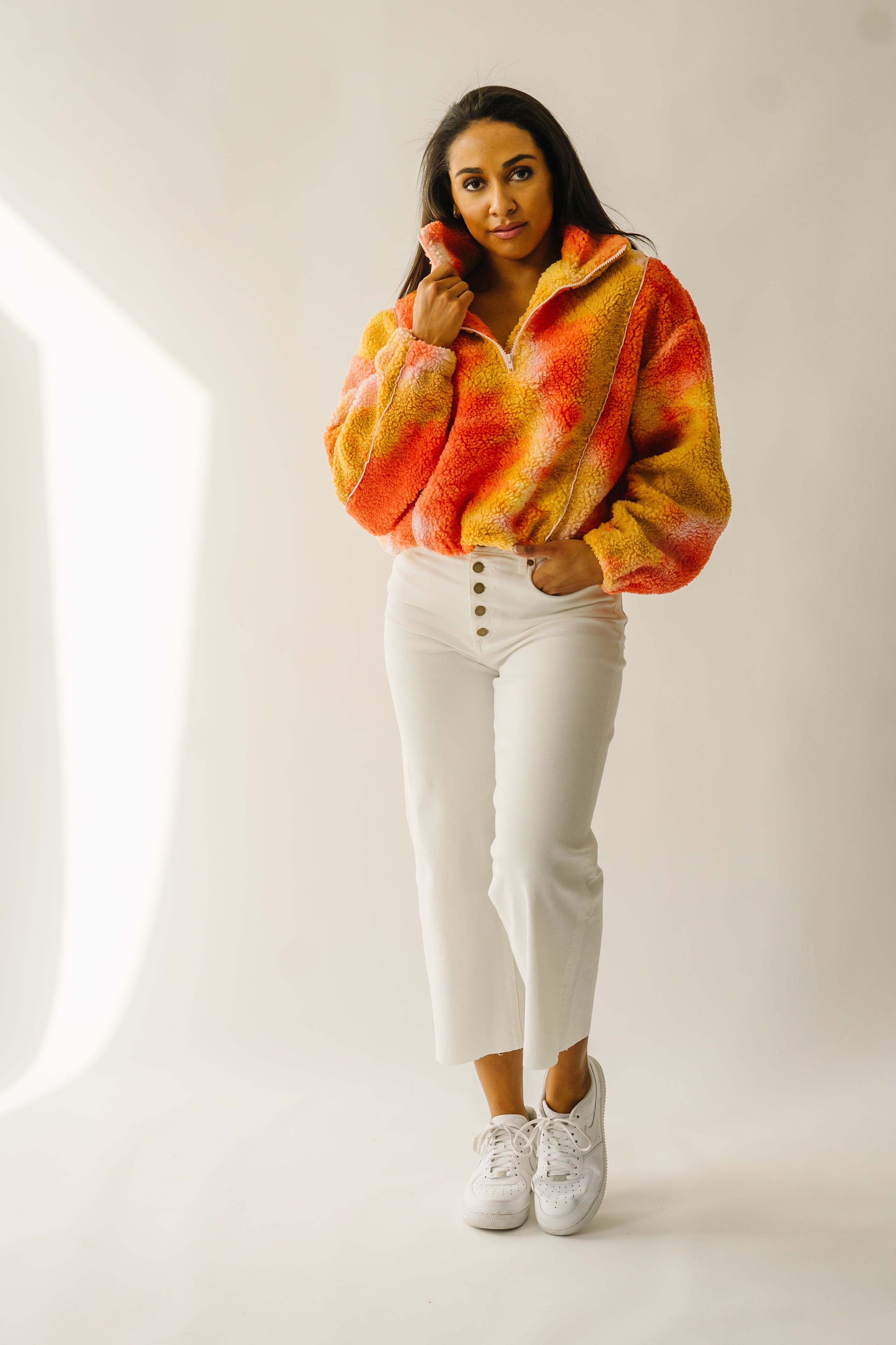 The Tilden Satin Detail Pullover in Orange + Pink Multi