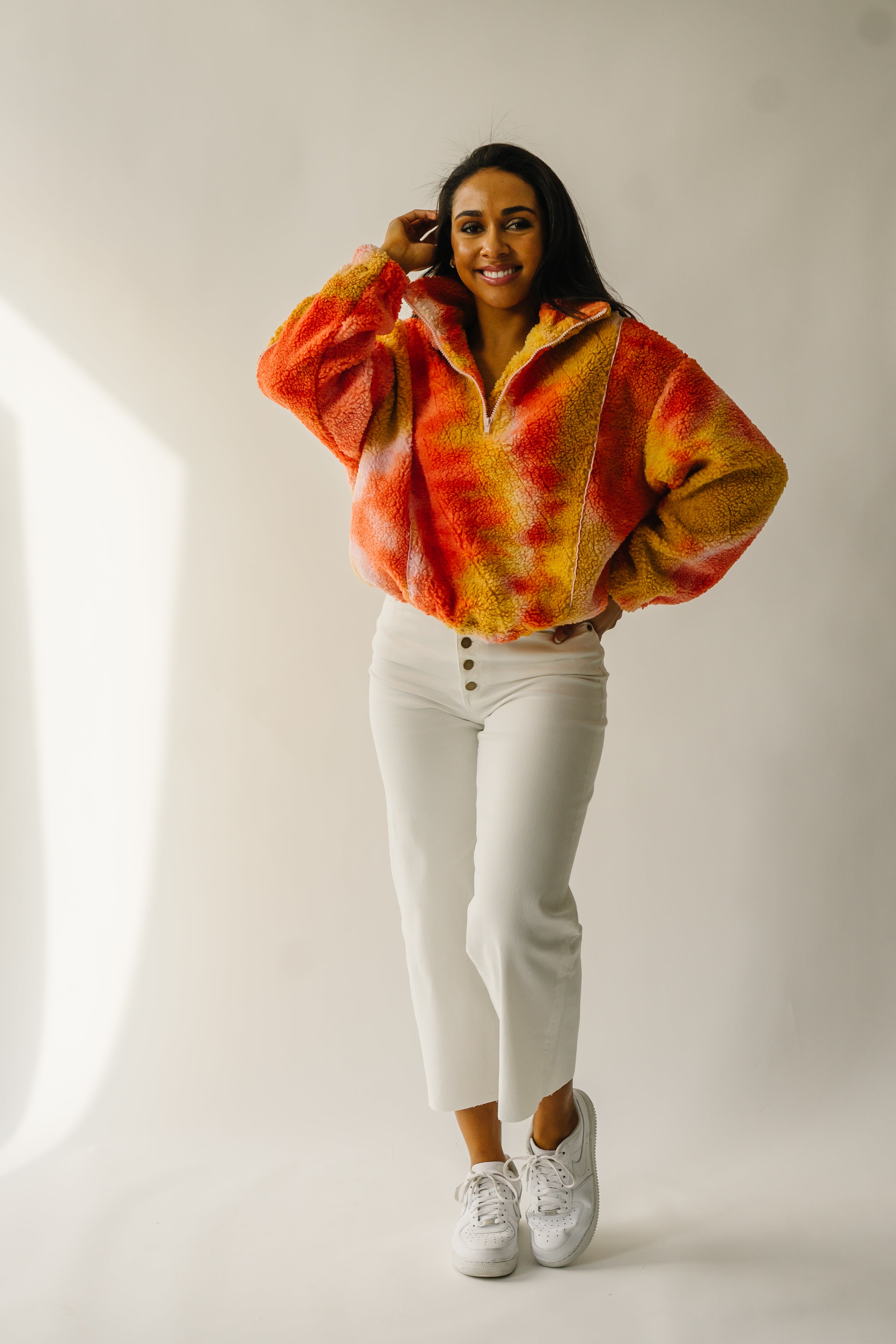 The Tilden Satin Detail Pullover in Orange + Pink Multi