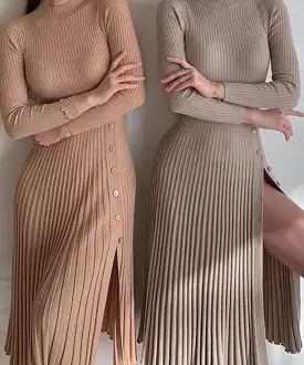 Turtleneck Stripe Knit Button Slit Dress