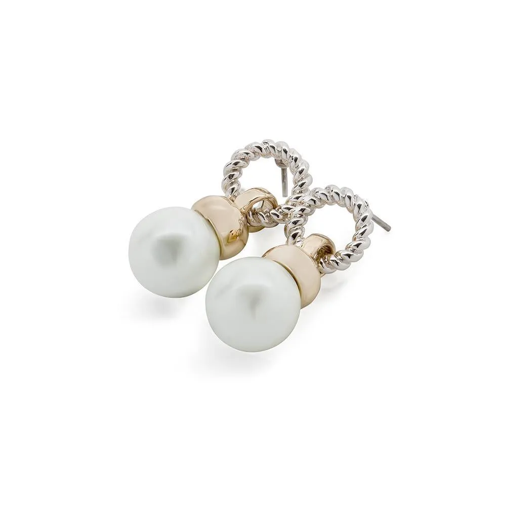 Two Tone Earrings Cable Link With Pearl