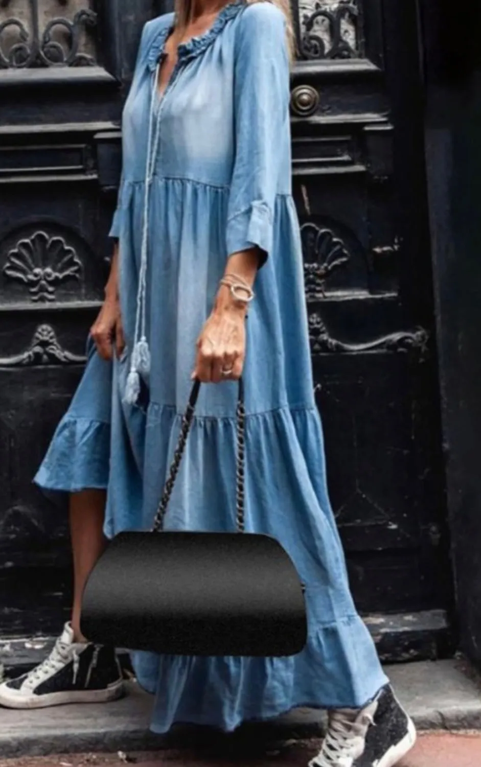 V neck denim maxi dress