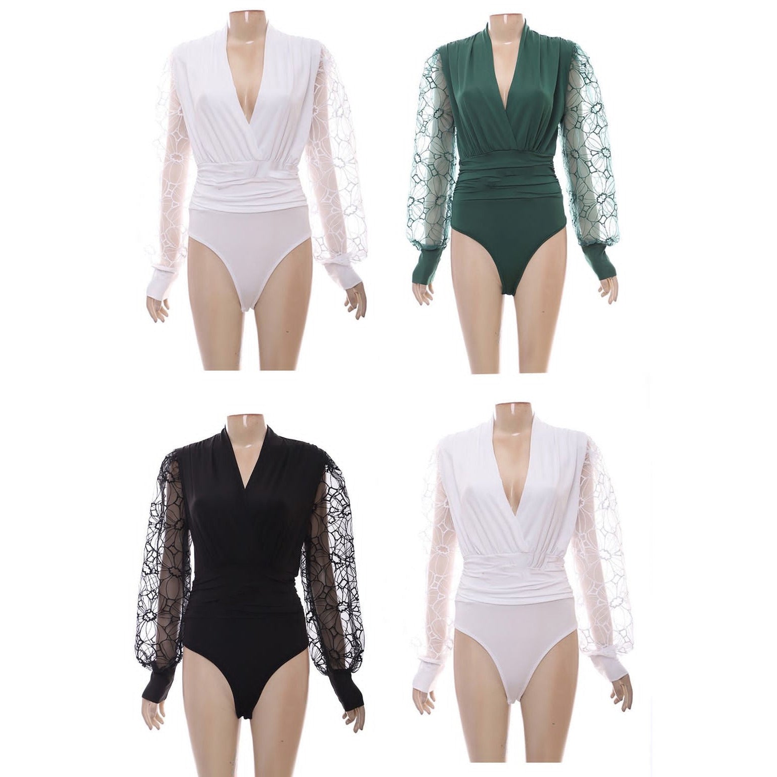 V-Neck Mesh Long Sleeve Bodysuit