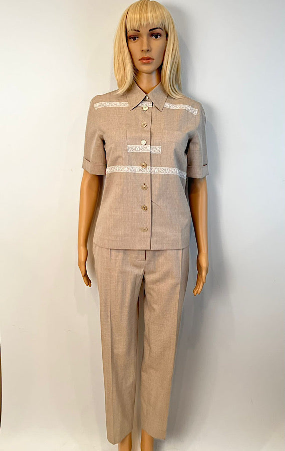 Vintage Chanel 1997 Khaki Blouse Pants Summer Wool Set FR 34