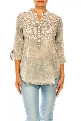 Vintage Half Button Down Tunic with Floral Embroidery