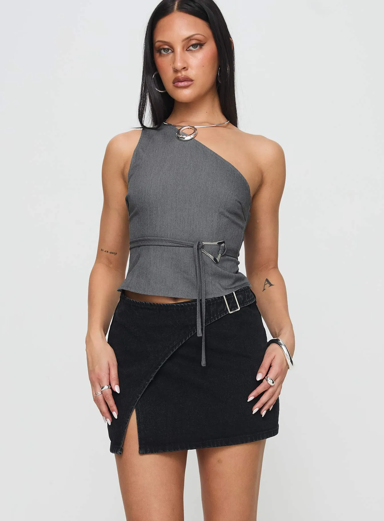 Wait Up Denim Wrap Mini Skirt Washed Black