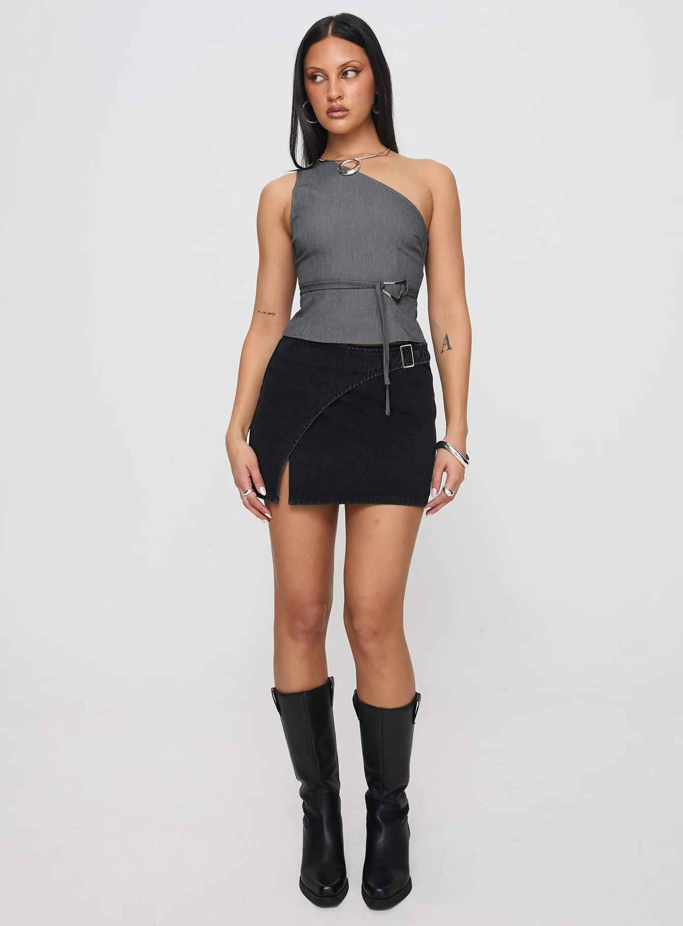 Wait Up Denim Wrap Mini Skirt Washed Black