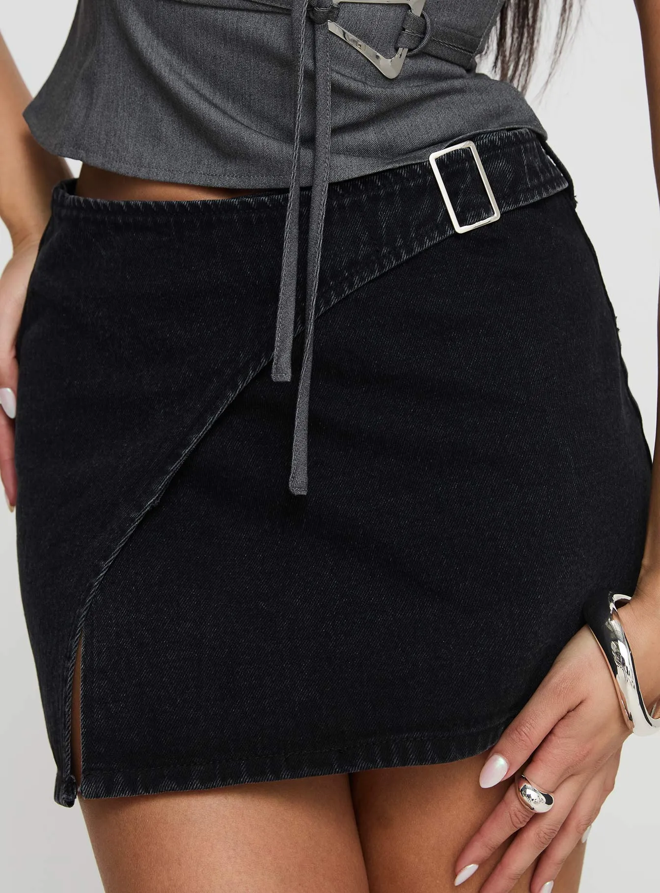 Wait Up Denim Wrap Mini Skirt Washed Black