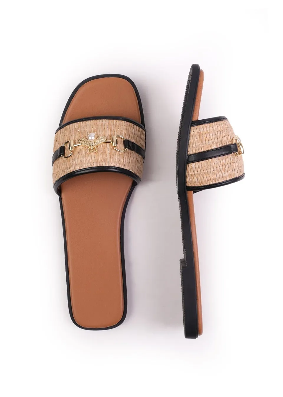 Where's That From Black PU Harmony Straw Detail Strap Sandals