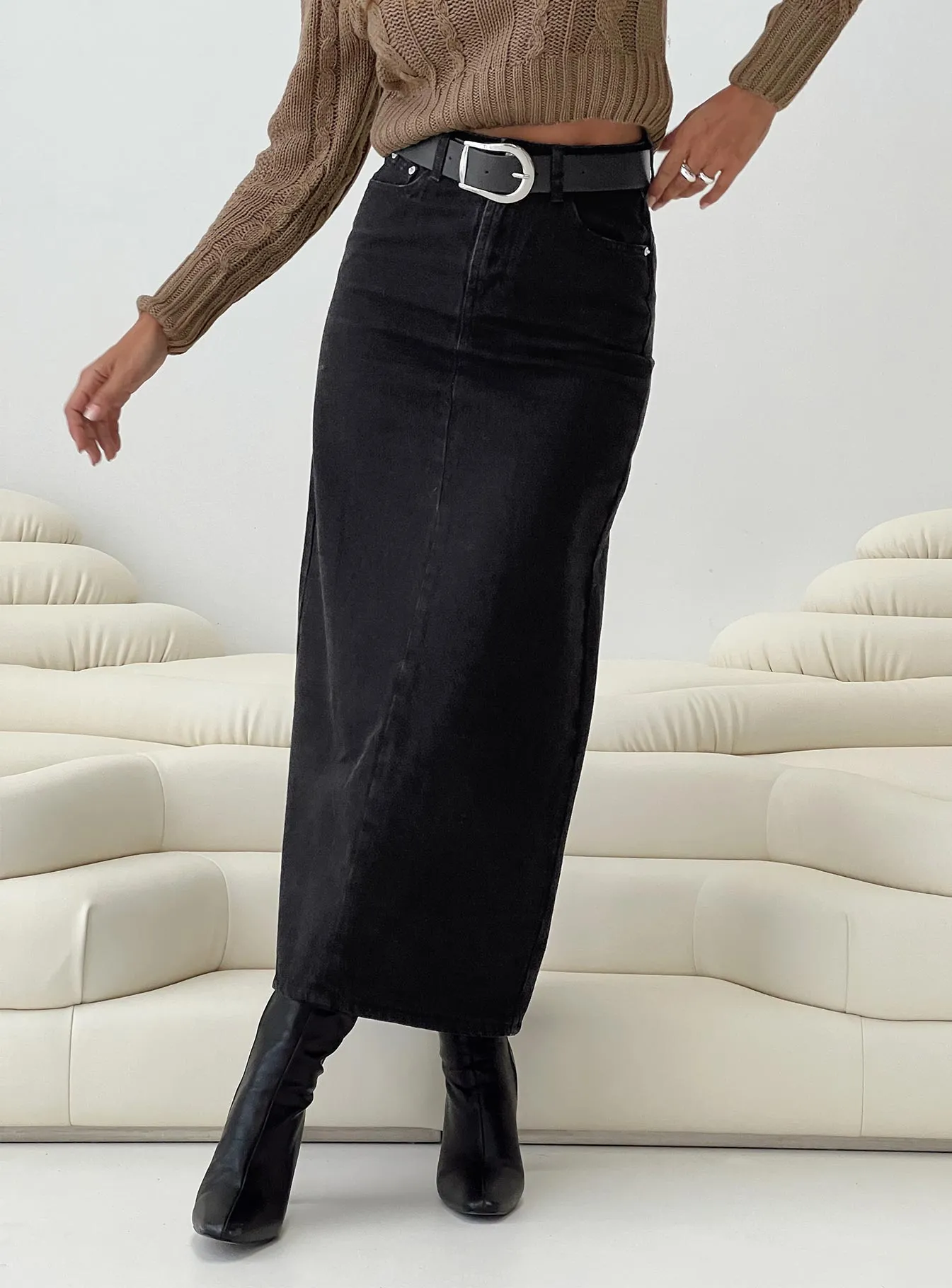 Whessler Split Back Denim Midi Skirt Black