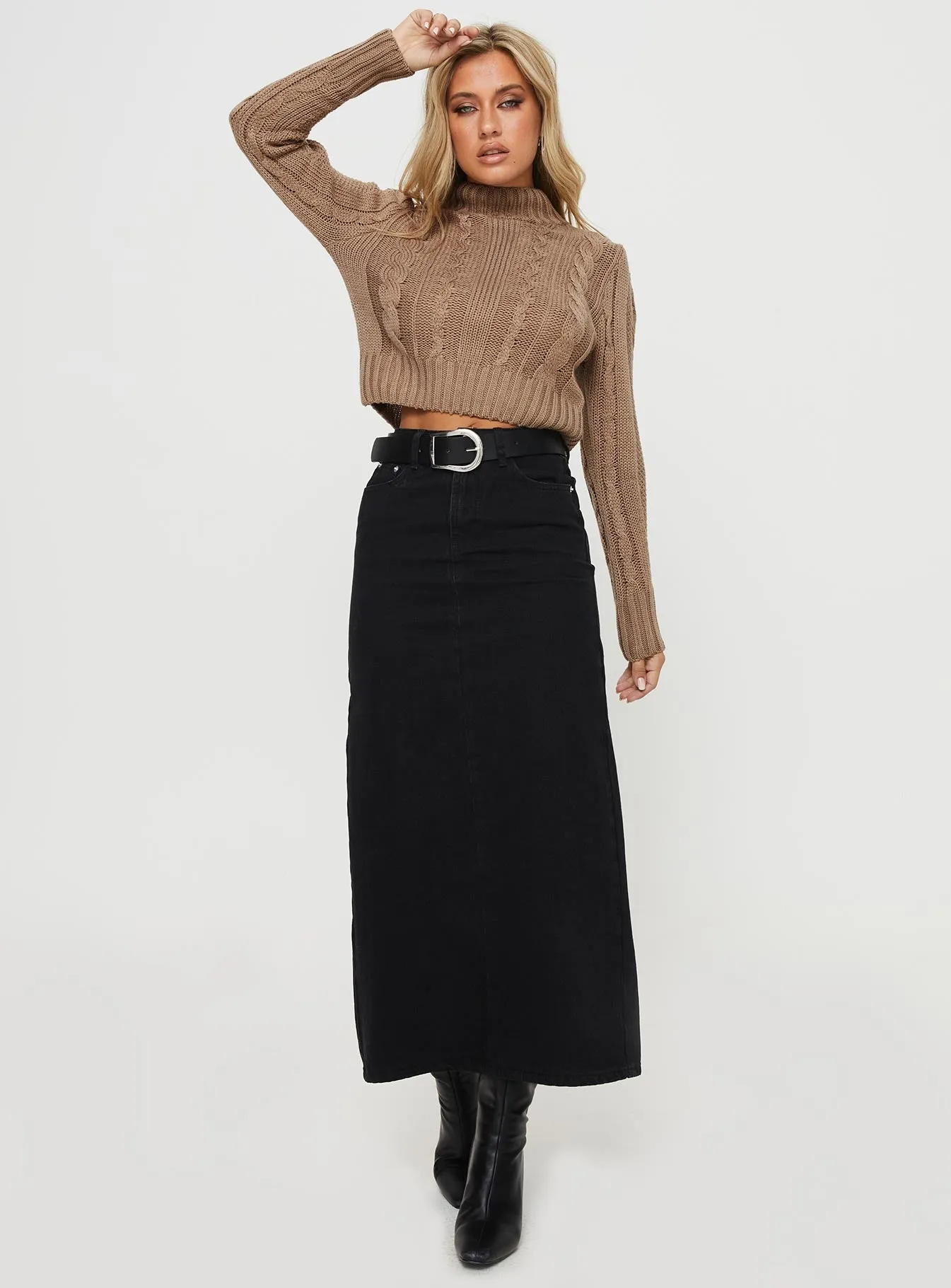 Whessler Split Back Denim Midi Skirt Black