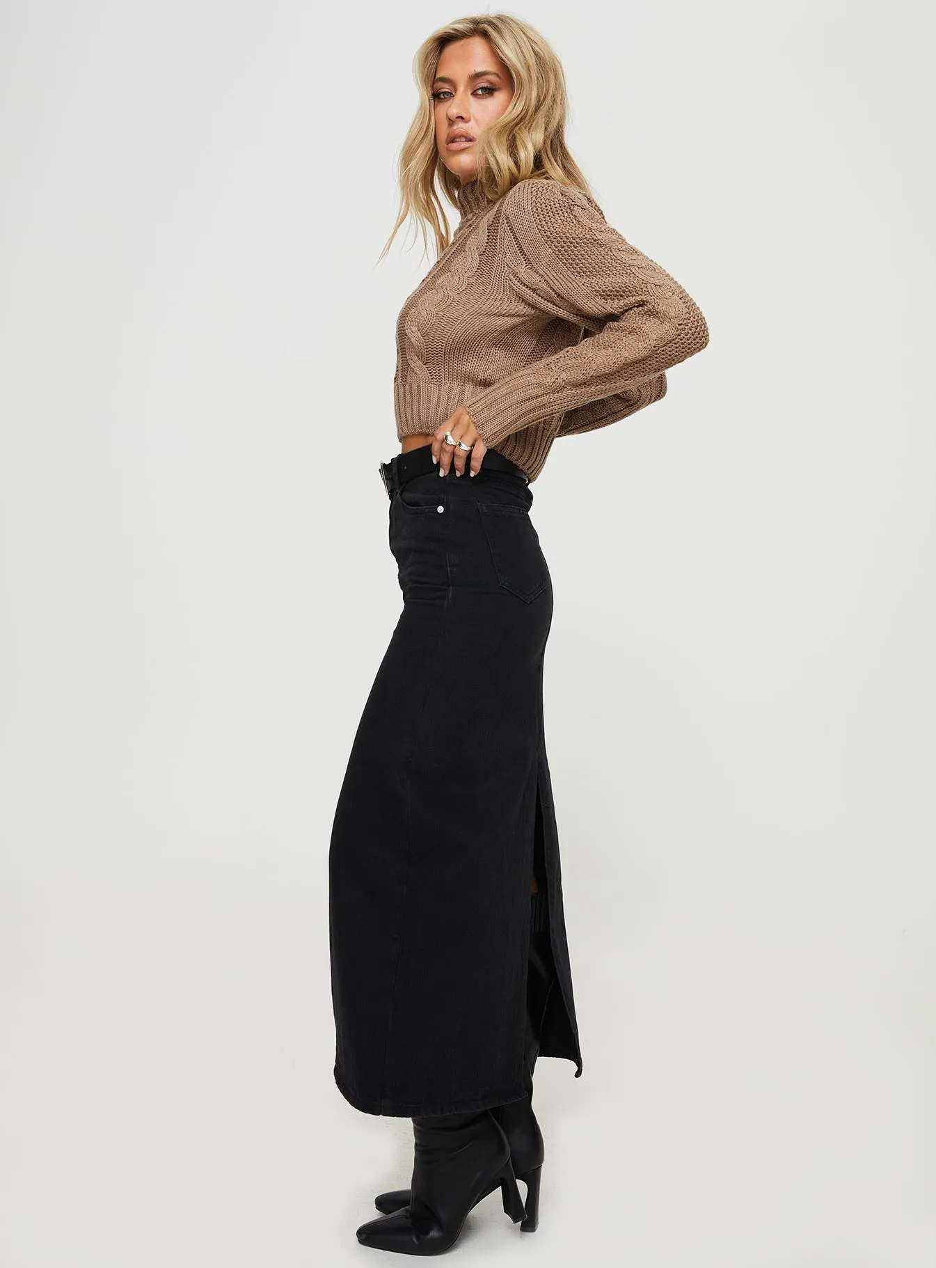 Whessler Split Back Denim Midi Skirt Black