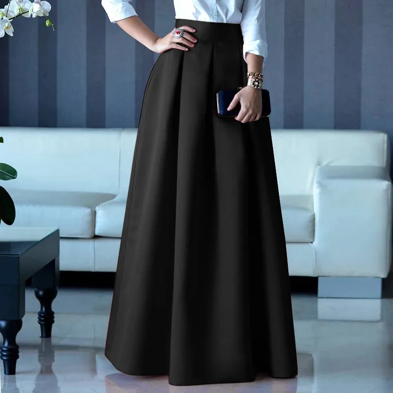 Women Elegant Fashion A-line Party Satin Skirts High Waist Maxi