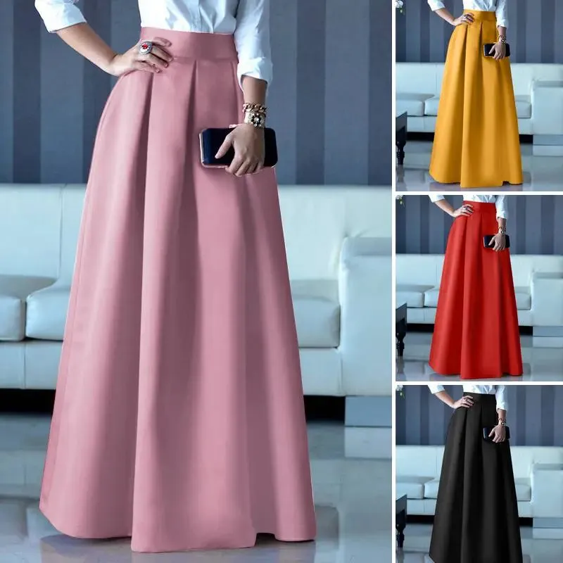 Women Elegant Fashion A-line Party Satin Skirts High Waist Maxi