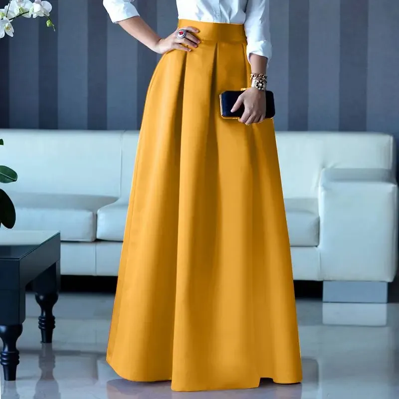 Women Elegant Fashion A-line Party Satin Skirts High Waist Maxi