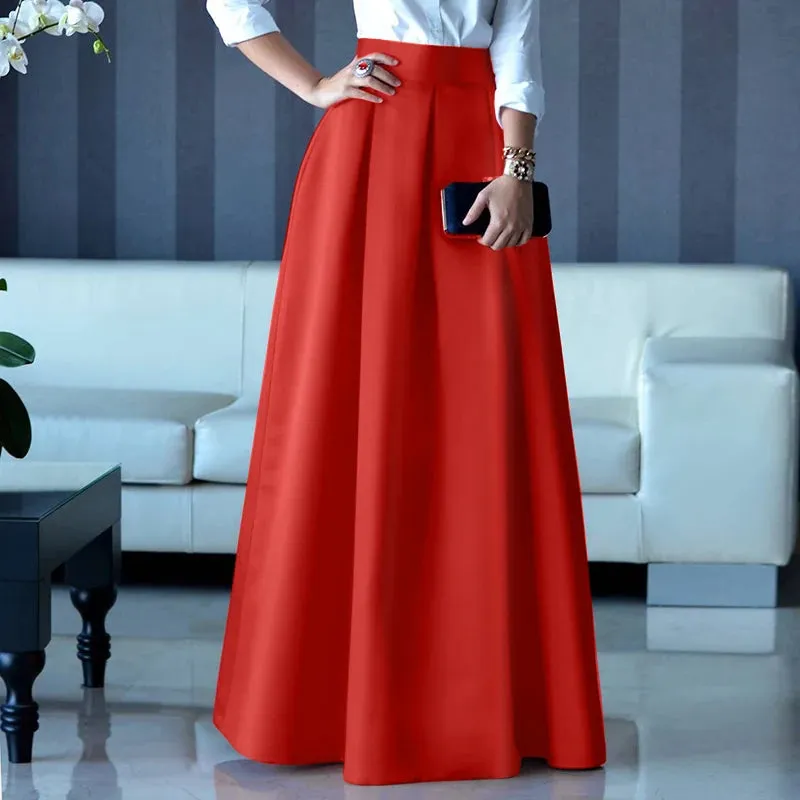 Women Elegant Fashion A-line Party Satin Skirts High Waist Maxi