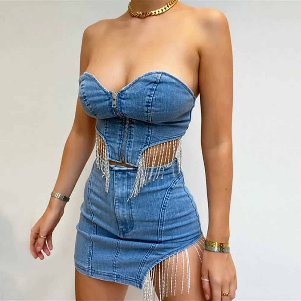 Women's Denim Party Strapless Zippers Tight Tank Tops Slit Mini Skirts