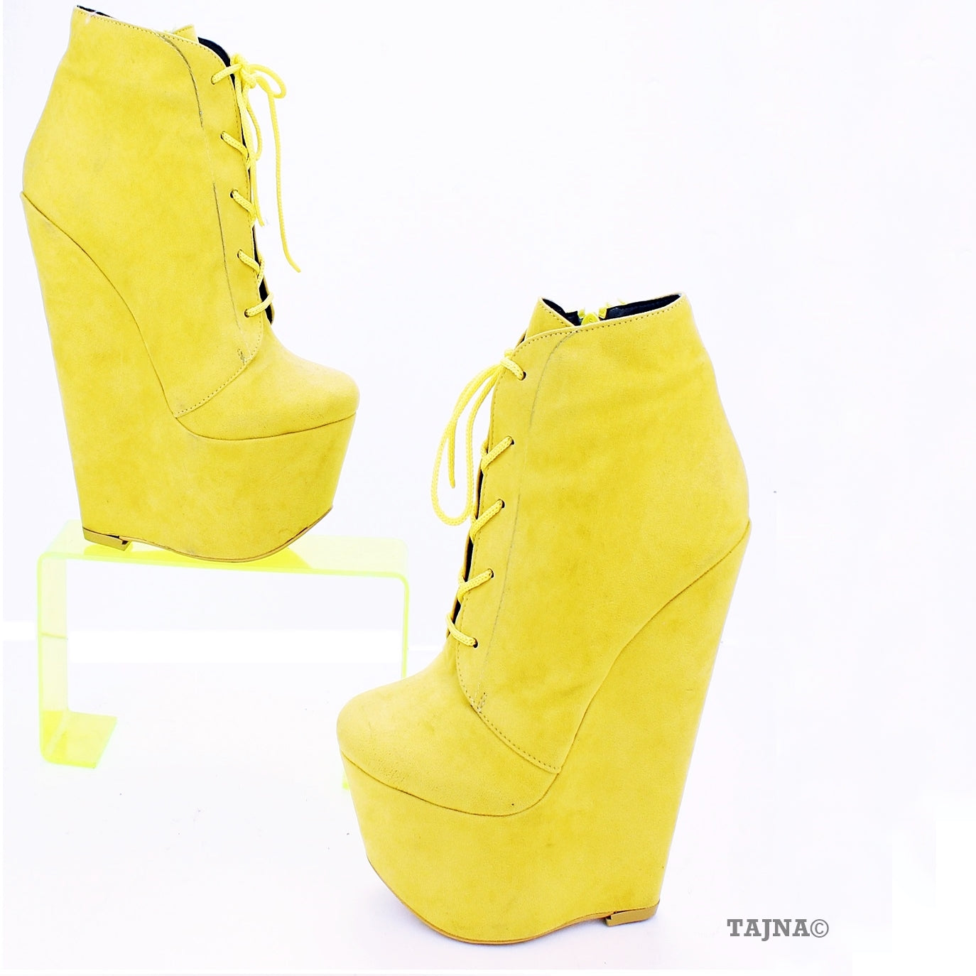 Yellow Faux Suede Lace Up Ankle 16 cm Heel Wedge Booties