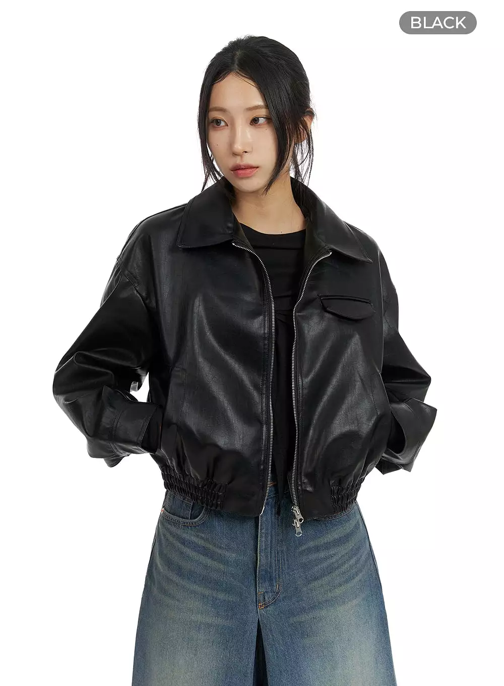 Zip-Up Faux Leather Bomber Jacket CF429